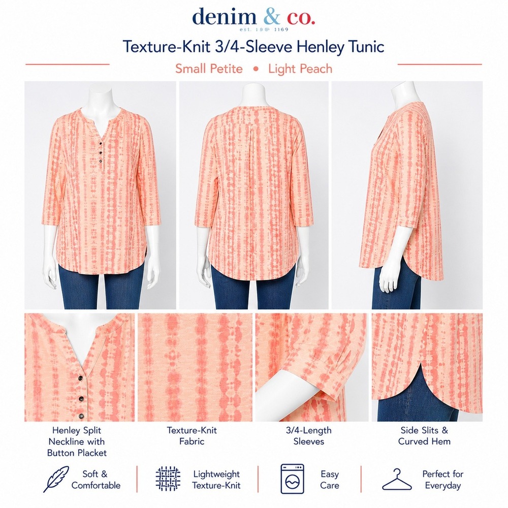 Denim & Co Petite Small Texture Knit 3/4 Sleeve Henley Tunic Light Peach A655147
